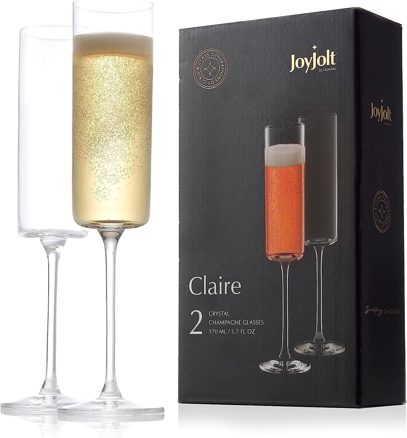 Champagne Flutes – Claire Collection Crystal Champagne Glasses Set of 2 – 5.7 Ounce Capacity – Exquisite Craftsmanship – Ideal for Home Bar, Special Occasions – Made in Europe