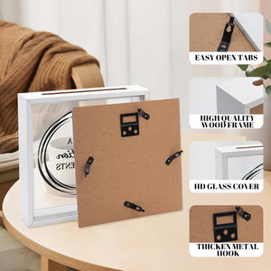 8X8 Shadow Box Frame, Wood Photo Storage Box in White, Keepsake Ticket Box with Slot, Memory Display Case for Desk Wall Decor (White)